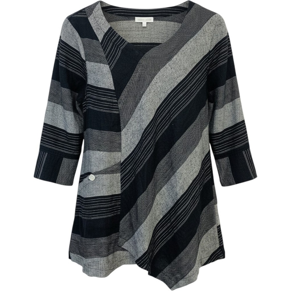 Habitat Asymmetrical Striped Linen Tunic Top Black Grey Large Lagenlook Boxy